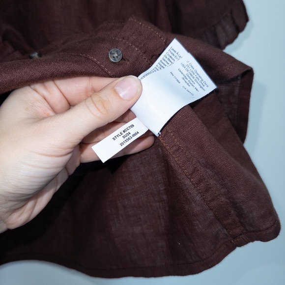 New J. Crew Roasted Cocoa Brown Linen Ruffle Trim Button-Up Shirt Size Large - Picture 6 of 7